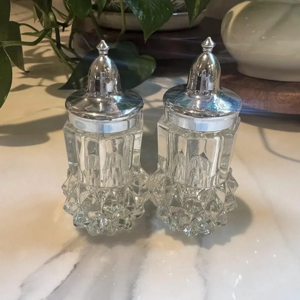 Vintage Indiana Glass Diamond Cut Salt Pepper Shakers with Silverplate Tops